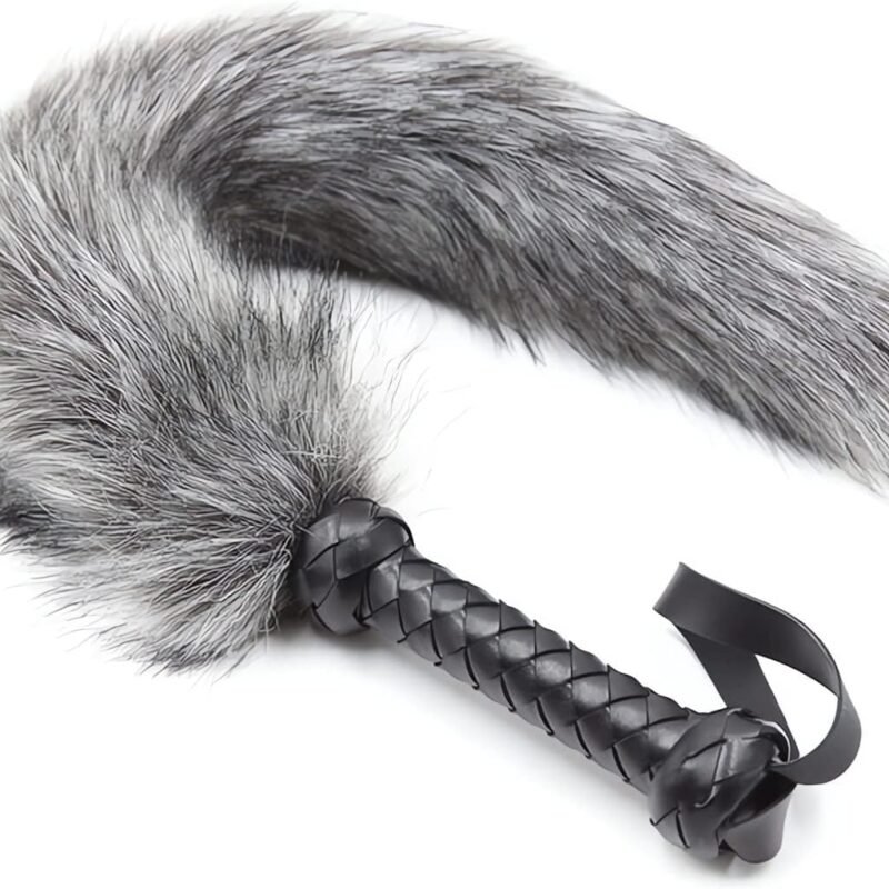 Soft Fur Whips with PU Leather Handle and Fluffy Feather Tail, Flogger Crop for Unisex Grey
