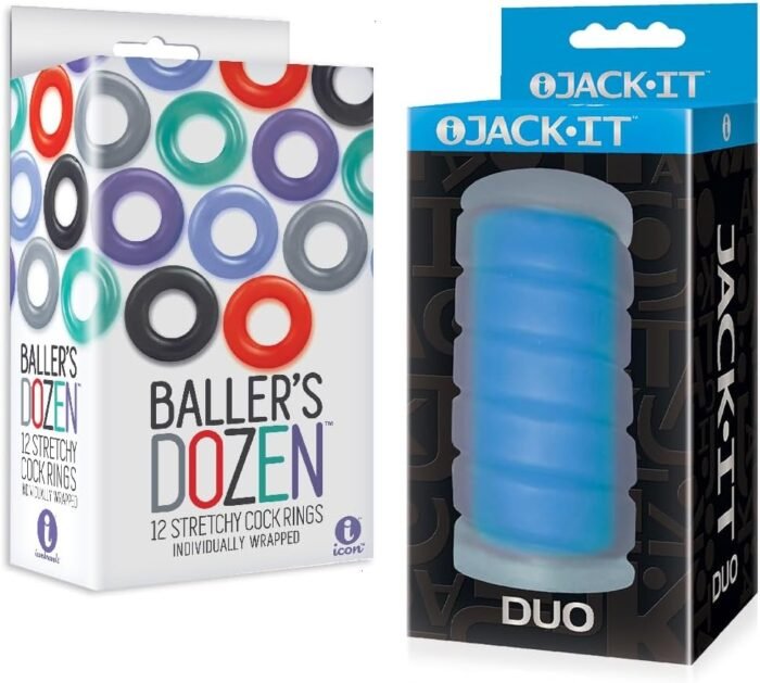 Sex Toy Couples kit of Baller's Dozen, 12-Piece TPE Cock Ring Set and Icon Brands Jack-It Duo, Sky Blue
