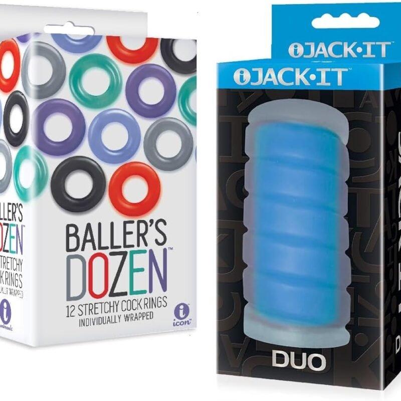 Sex Toy Couples kit of Baller's Dozen, 12-Piece TPE Cock Ring Set and Icon Brands Jack-It Duo, Sky Blue