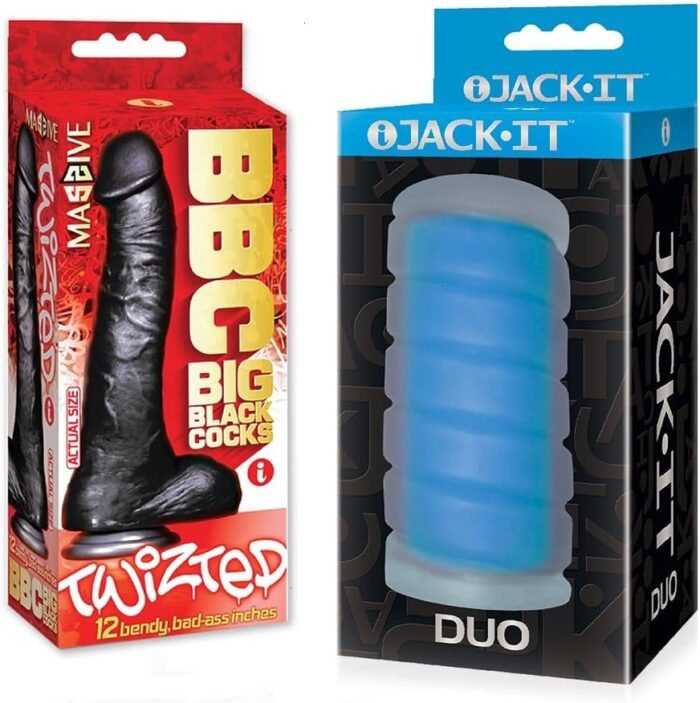 Sex Toy Couples kit of Big Black Cock Twizted 11 Inch Dildo and Icon Brands Jack-It Duo, Sky Blue