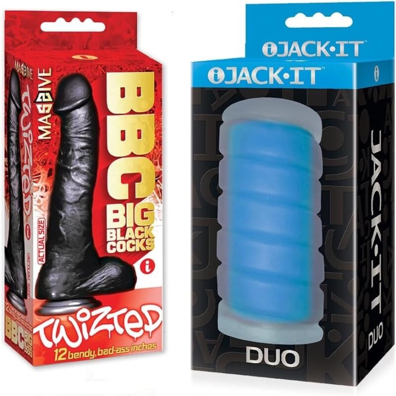 Sex Toy Couples kit of Big Black Cock Twizted 11 Inch Dildo and Icon Brands Jack-It Duo, Sky Blue