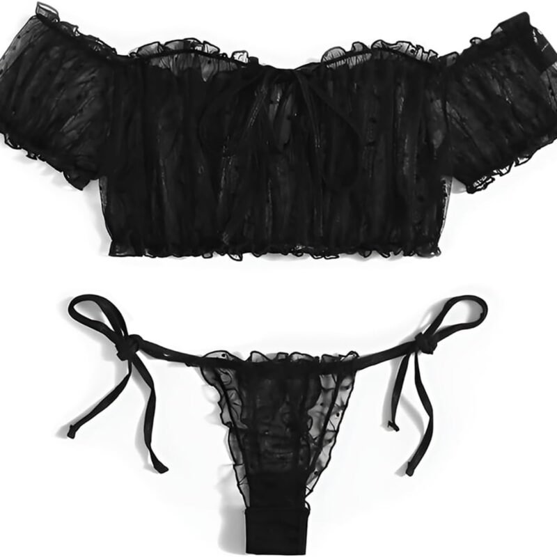 Lilosy Sexy Stretch Ruffle Tie Sheer Mesh Lingerie Set Outfits