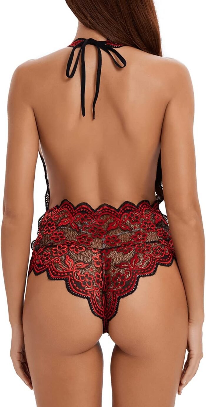 EVELUST Womens Open Back Halter Plunging Teddy,Comfortable Scalloped Trim Lace Lingerie - Image 5