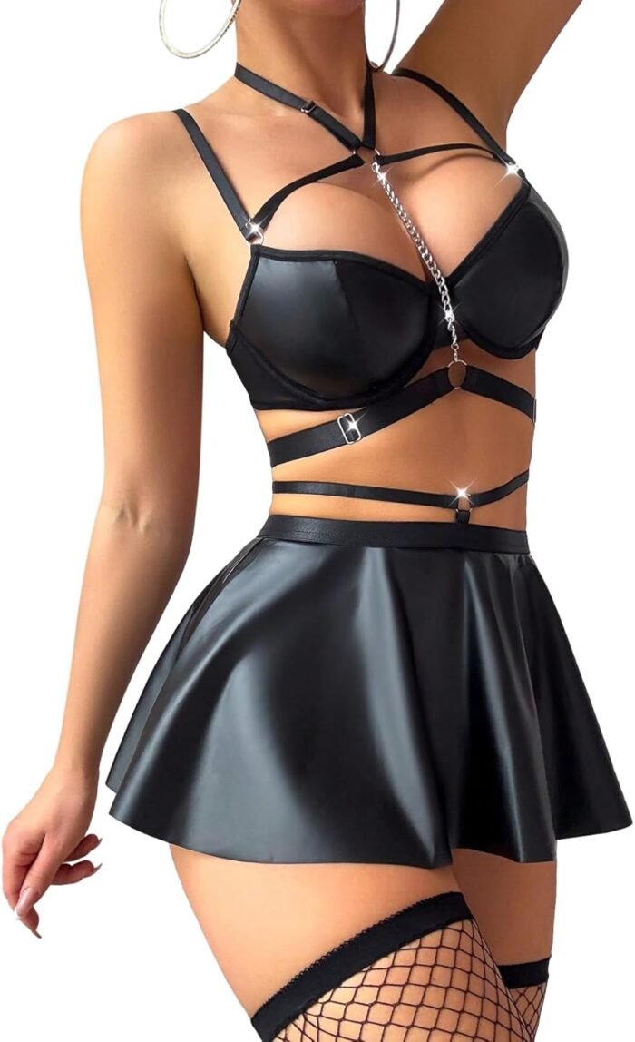 Sexy Stocking Chain Strappy Pu Leather Underwire Choker Mini Skirt Dress Lingerie Set with Thong 4 Piece Outfits - Image 4