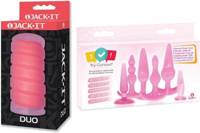 Sex Toy Couples kit of Jack-It Duo, Cherry and Icon Brands Try-Curious Anal Plug 6 Piece Kit Pink