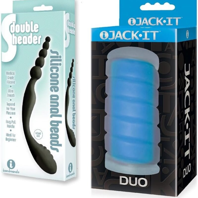 Sex Toy Couples kit of S-Double Header, Double Ended Silicone Anal Beads and Icon Brands Jack-It Duo, Sky Blue