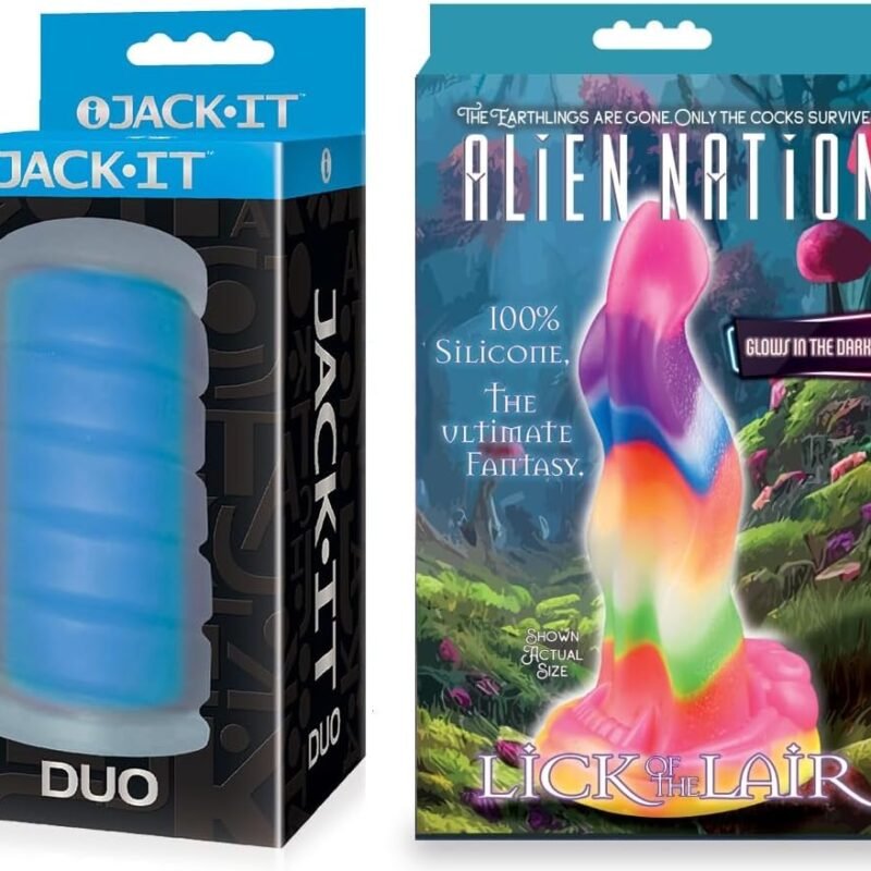 Couples Sex Toy Bundle of Jack-It Duo, Sky Blue and Icon Brands Alien Nation Lick of The Lair Silicone Glow in The Dark Creature Dildo - Multicolor