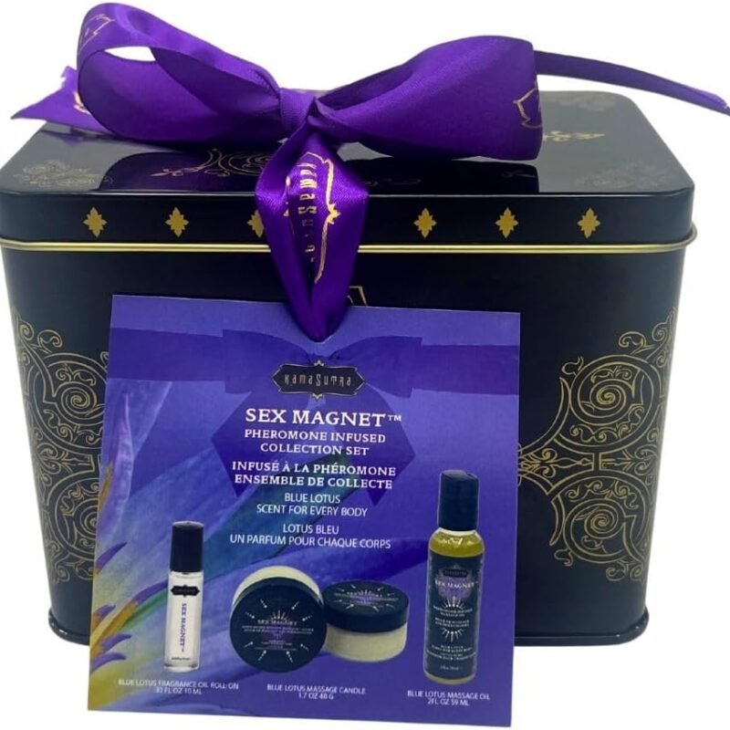 3 Piece Set Pheromone Infused Collection Set, Pheromone Infused Massage Oil - Unisex Blue Lotus Scent - Massage Oil Candle, Roller Ball, Complete Pheromone Collection Set in Gift Tin (Blue Lotus)