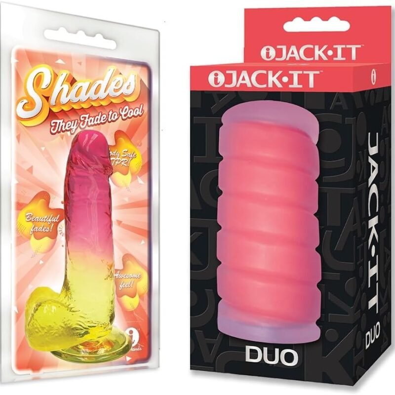 Sex Toy Couples kit of Shades, Large Jelly TPR, Gradient Dong, Pink and Yellow and Icon Brands Jack-It Duo, Cherry