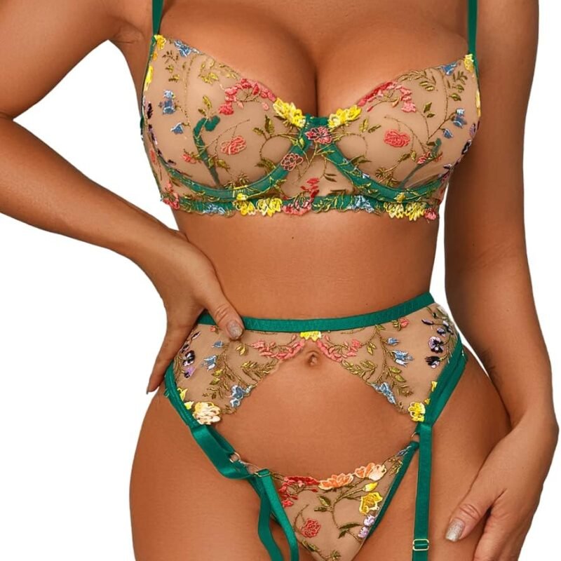 Kaei&Shi Vibrant Floral Embroidery, Underwire, Thong, Thigh Straps, Lingerie Set