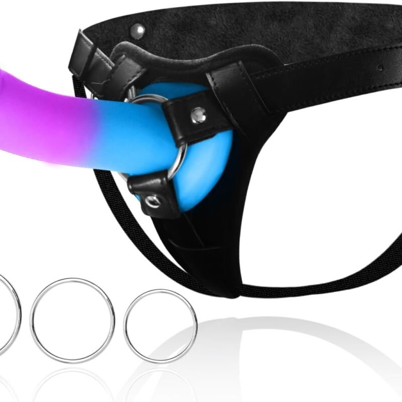 Strap On Dildo Harness Adult Sex Toys for Women and Men, Adjustable Leather Strapon Harness with 7.9" Gradient Silicone Anal Dildo, Detachable Suction Cup Penis for Lesbian Gay Couples Pegging Play