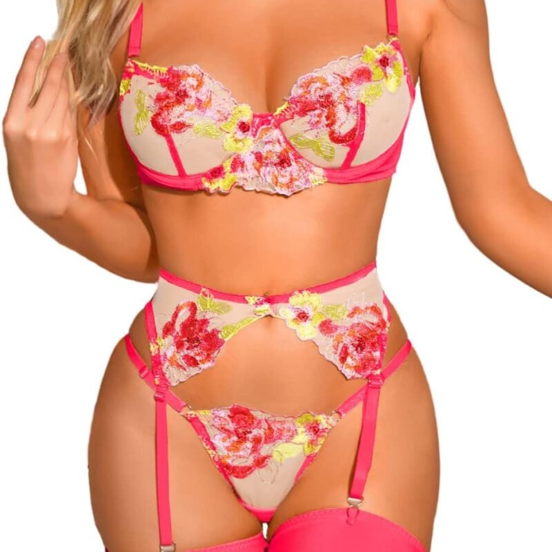 Kaei&Shi Floral Embroidered, Underwire, G-String, Garter Belt, 4 Pieces Lingerie
