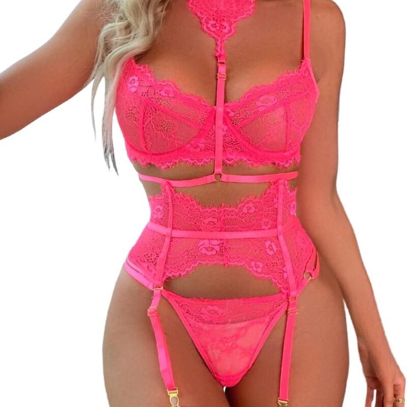 Kaei&Shi Garter Lingerie Set for Women, Sexy Floral Lace, Strappy High Waisted Hide Belly, 4 Piece with Exotic Choker Belt