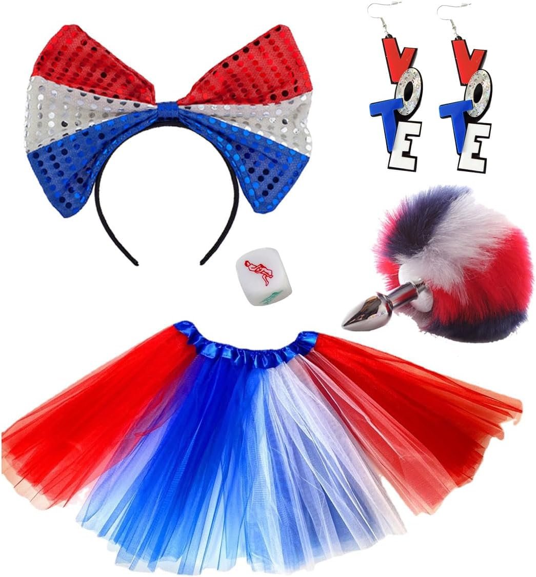 Adult Gay Toy Fox Tail Furry Anal Butt Plug Animal Independence Day Party Costume American Flag Earring Tutu Headband Sex Dice Set 5PC