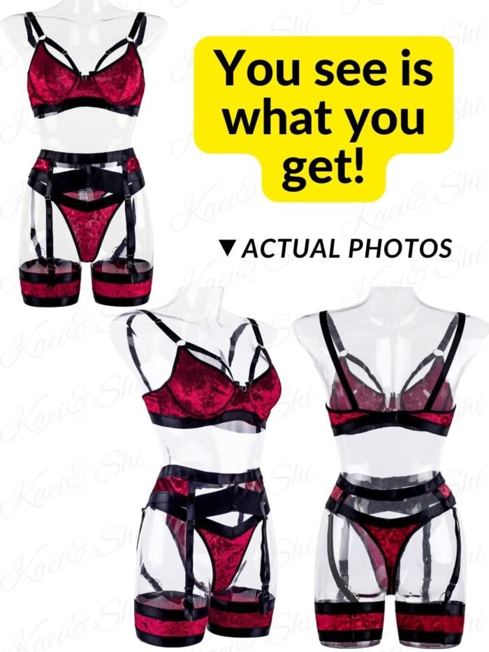Garter Lingerie for Women,Sexy Lace Lingerie,Sheer Matching 4 Piece Lingerie Set - Image 3