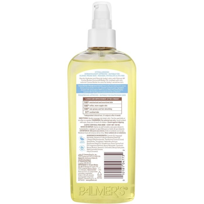 Palmer's Baby Oil, Cocoa Butter Formula Gentle Body Oil, 5.1 fl oz, Nourishing Massage Oil for Delicate Skin with Vitamin E & Argan Oil, 48-Hrs Moisture, Dermatologist Tested Baby Essentials - Image 2