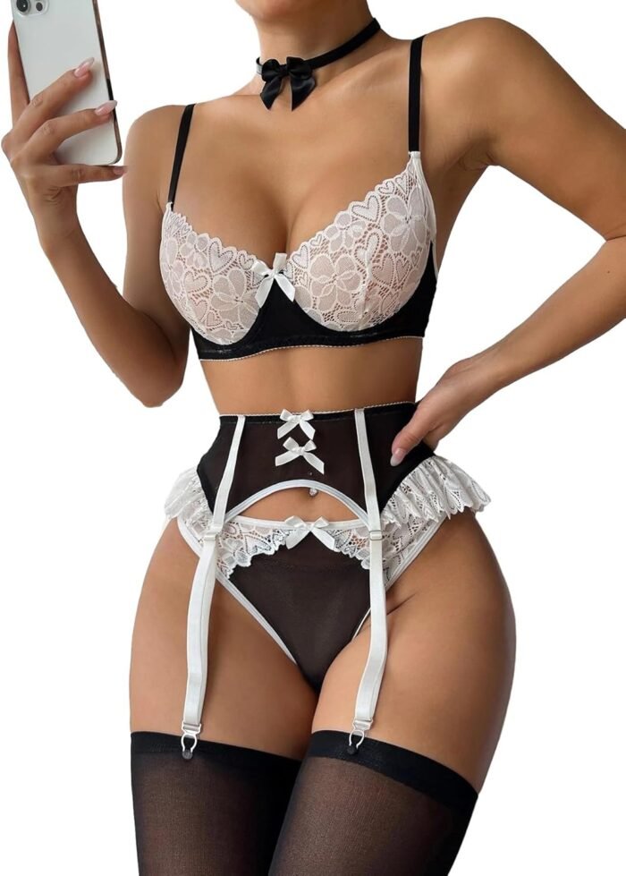 Lilosy Sexy Bow Choker Floral Lace Stocking Sheer Underwire Push Up Garter Lingerie Set - Image 2