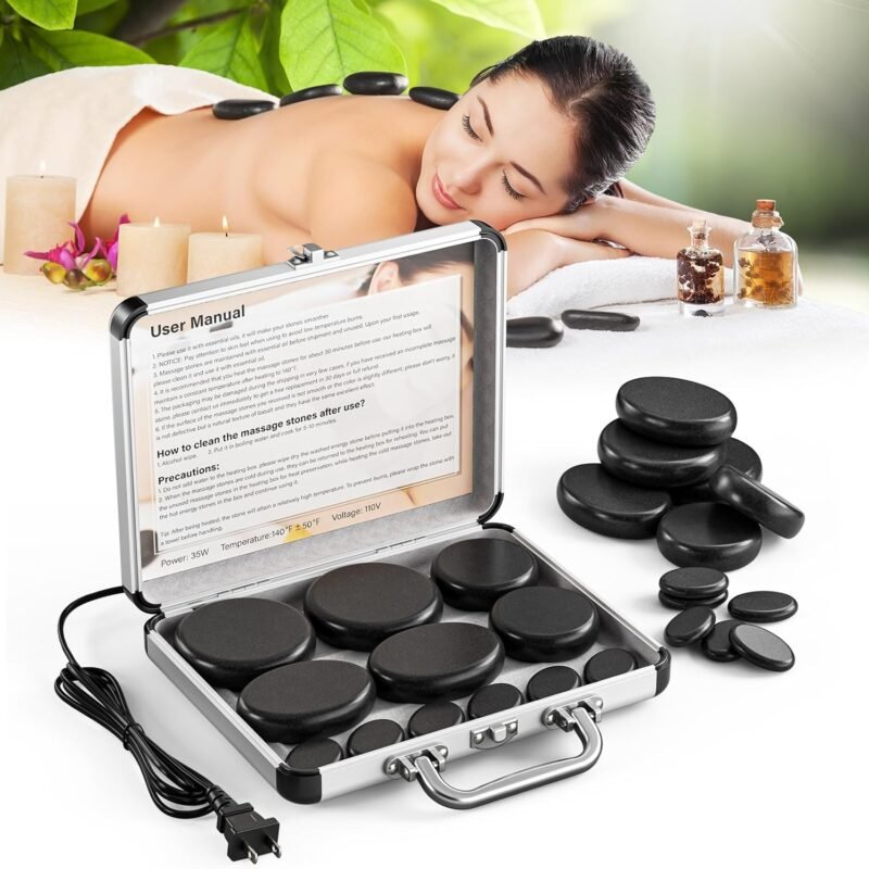 Hot Stones Massage Set with Warmer, 12 Pcs Hot Stones Massage Set with Heater, Portable Hot Rocks Basalt Massage Stones Set with Warmer Kit, for Home Spa Warming Therapy Relax