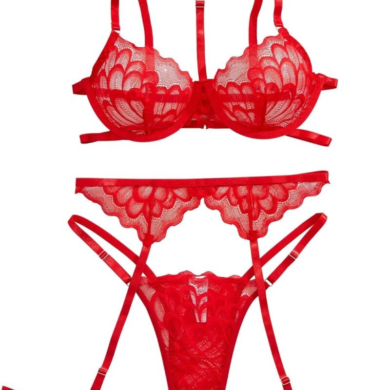 Lingerie Sets For Women Sexy Choker Floral Lace Underwire Push Up Garter Belt Exotic Bra And Panty 3 Piece