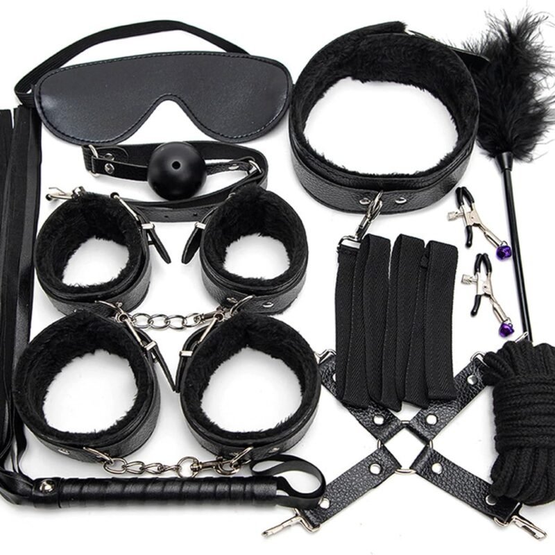 Sex Restraints Set for BDSM Games Fetish Kinky Sex Things for Couple Pleasure Blindfolds Mouth Gag Feather Tickler Nipple Clamps Sex Whip Flogger Handcuffs Ankle Cuffs Collar Spanking Games 10 Pcs