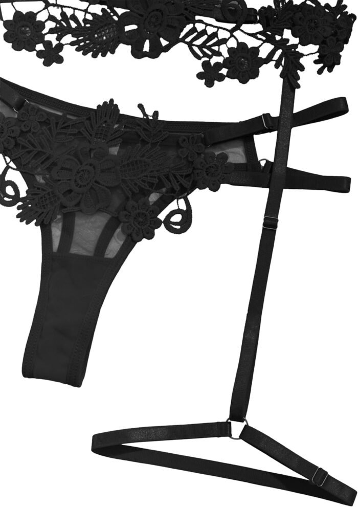 Lilosy Sexy Cute Applique Embroidered Underwire Push Up Garter Belt Chocker Lingerie Set - Image 3