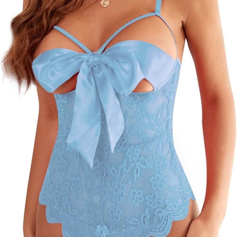 Donnalla Women Sexy Bodysuit Self Knot Front Floral Lace Teddy One Piece Babydoll Naughty Lingerie