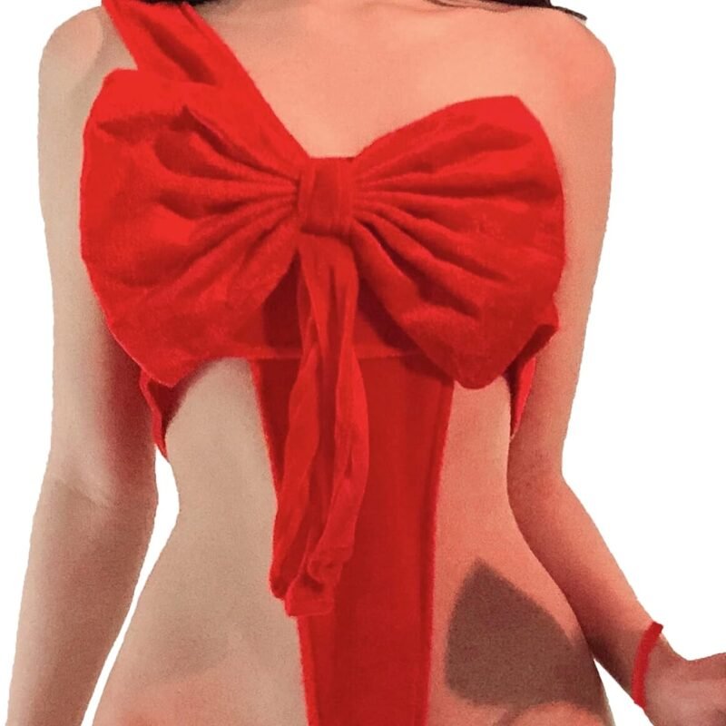 JasmyGirls Bow Lingerie for Women Sexy Christmas Valentines Red Present Bowtie Bra Velvet Bodysuit Unwrap Me Babydoll Santa Costume