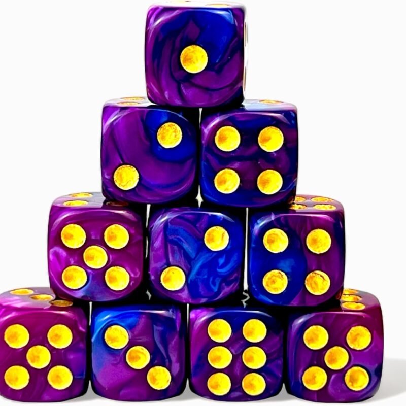 Luck Lab 10 Piece D6 Dice Pack - Acrylic Dice for RPG MTG DND Dice Table Games and Board Games (Blue and Purple Swirl with Gold Pips)