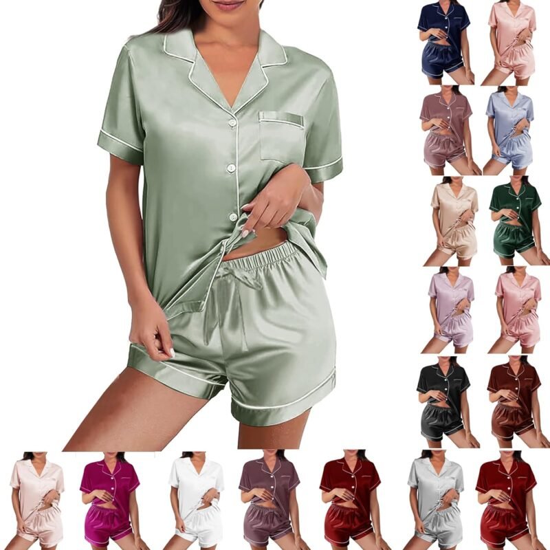 Womens Silk Satin Pajamas Loungewear Two-Piece Sleepwear Button-Down Floral Pj Set XS-4XL