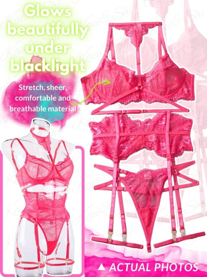 Kaei&Shi Garter Lingerie Set for Women, Sexy Floral Lace, Strappy High Waisted Hide Belly, 4 Piece with Exotic Choker Belt - Image 4