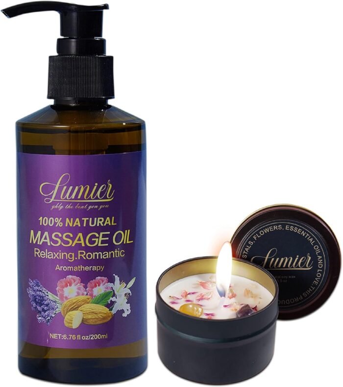 Relaxing Massage Oil and Aromatherapy Candle Set- Essential Oil Blend for Stress Relief and Relaxation - Perfect for Couples, self-Pampering Massage Therapy (Oil and Candle)