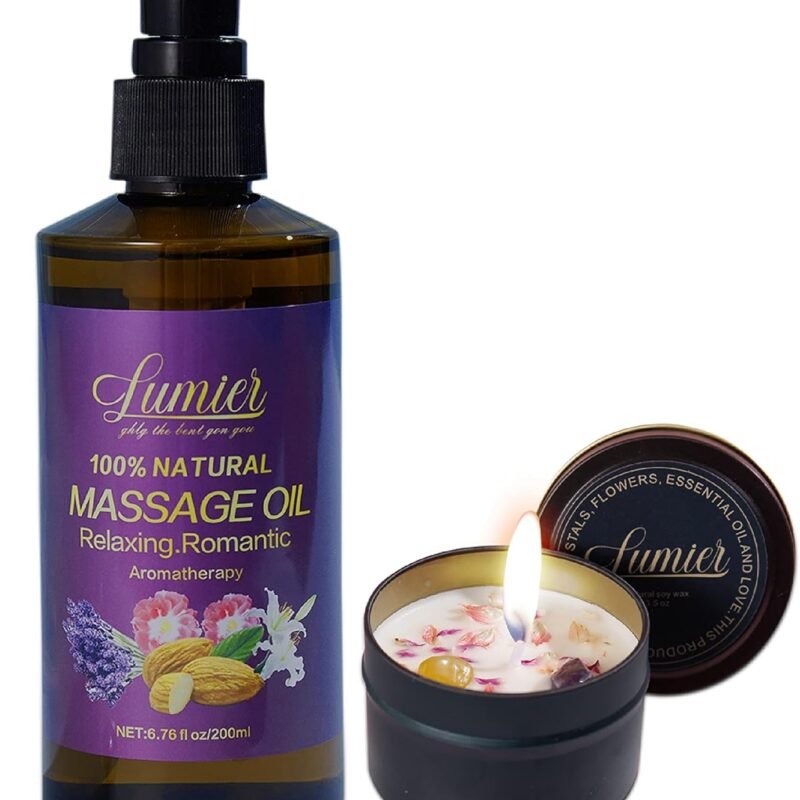 Relaxing Massage Oil and Aromatherapy Candle Set- Essential Oil Blend for Stress Relief and Relaxation - Perfect for Couples, self-Pampering Massage Therapy (Oil and Candle)