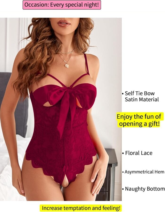 Donnalla Women Sexy Bodysuit Self Knot Front Floral Lace Teddy One Piece Babydoll Naughty Lingerie - Image 2