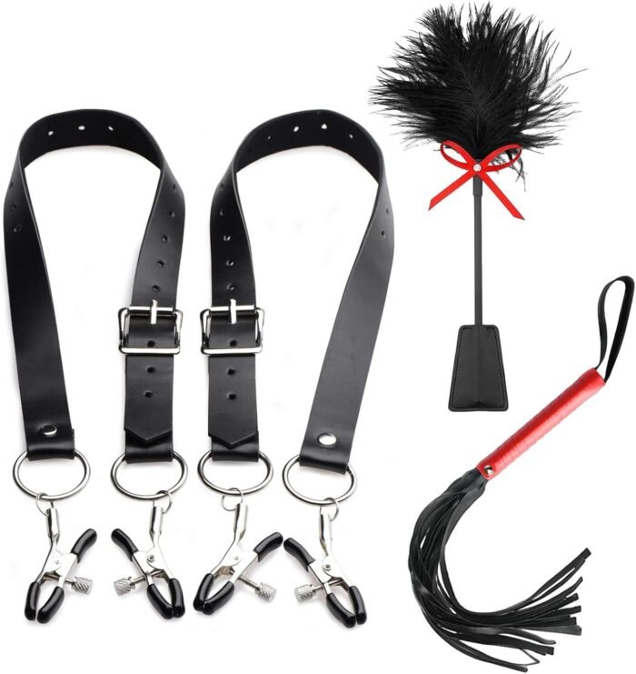 3 PCS BDSM Bondage Kit for Adult Sex Toys & Games Include Feather Tickler, SM Flogger Whip & Adjustable Nipple Clamps Sexual Pleasure Tools for Women Stimulation Vagina Pussy Stimulator Labia Spreader