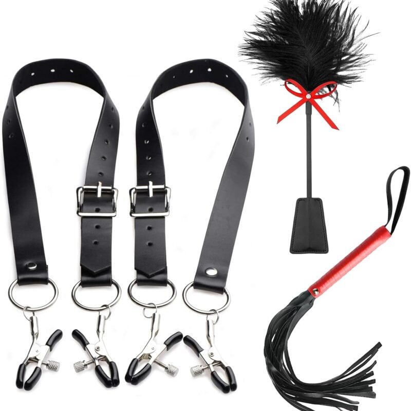 3 PCS BDSM Bondage Kit for Adult Sex Toys & Games Include Feather Tickler, SM Flogger Whip & Adjustable Nipple Clamps Sexual Pleasure Tools for Women Stimulation Vagina Pussy Stimulator Labia Spreader