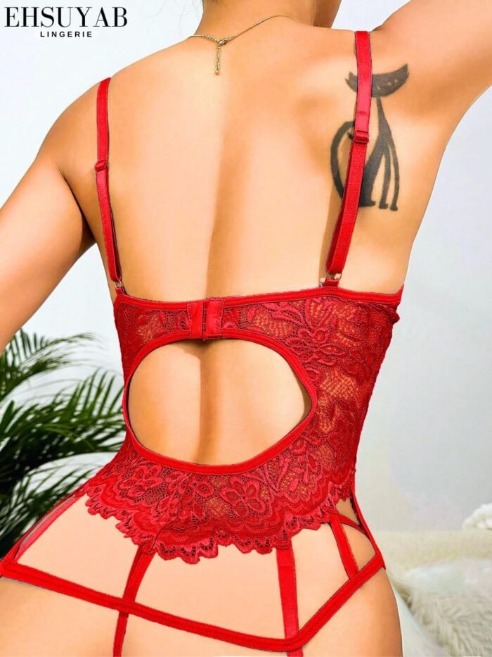3Pc Sexy Corset Lingerie, Floral Lace, Satin Bow, Ruffle Thigh Cuffs - Image 3