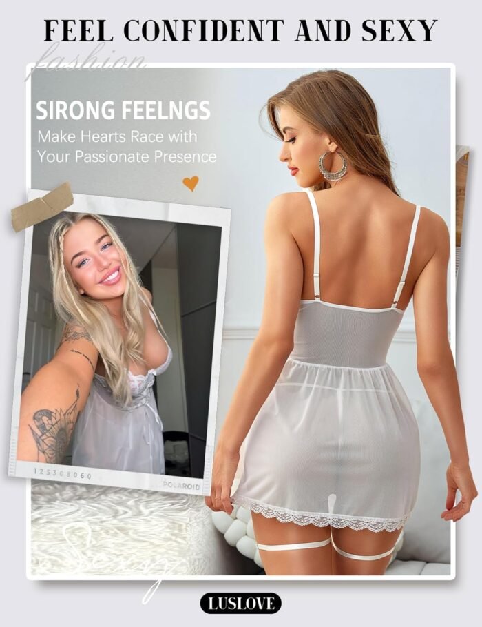 Women Lace Babydoll Lingerie - Sexy Chemise V Neck Nightgown Womens Mesh Sleepwear Strap Boudoir Garter Nightwear - Image 5