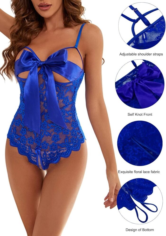 Donnalla Women Sexy Bodysuit Self Knot Front Floral Lace Teddy One Piece Babydoll Naughty Lingerie - Image 2
