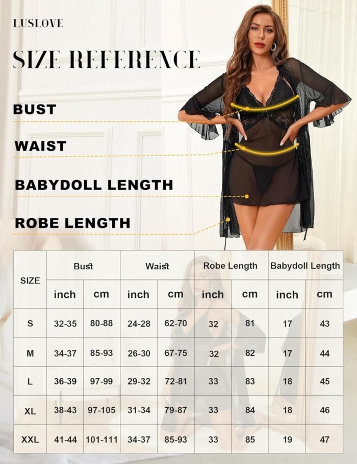 Women Sexy Lingerie Set 3 Piece Babydoll & Lace Kimono Robe Strap Chemise Nightgown Mesh Sleepwear - Image 5