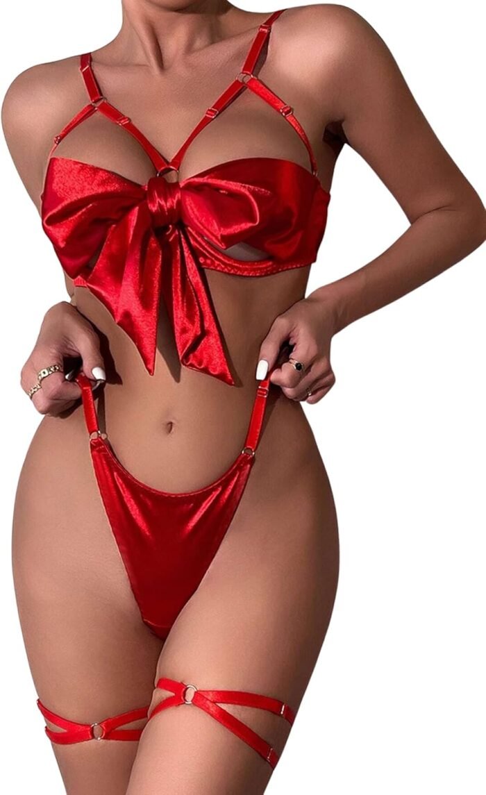 EVELUST Women Satin Bow Lingerie Set - Valentines Sexy Unwrap Me Red Bowtie Bra Thong Panty Thigh Straps Bridal 4 Pcs Sets