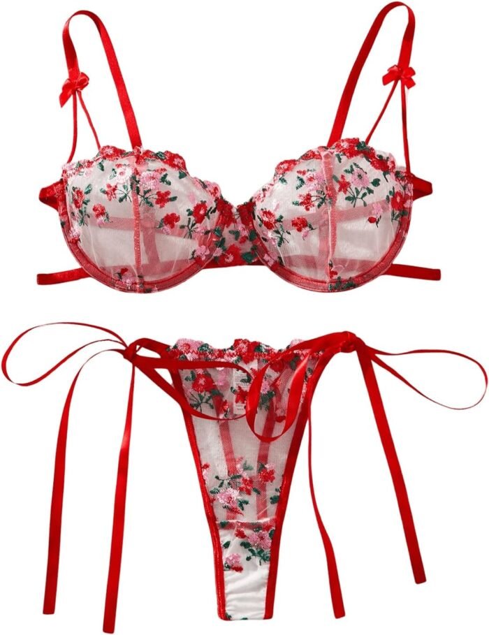 GORGLITTER Women's Bow Bra Sexy Lingerie Set Mesh Push Up Bralette and Panty 2 Piece