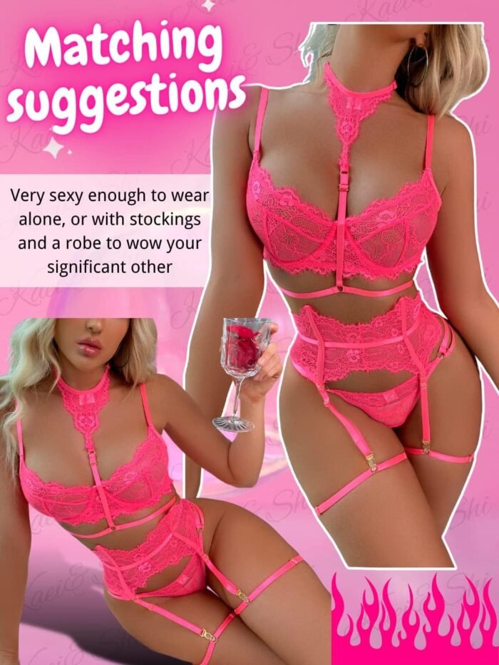 Kaei&Shi Garter Lingerie Set for Women, Sexy Floral Lace, Strappy High Waisted Hide Belly, 4 Piece with Exotic Choker Belt - Image 5