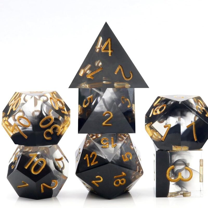 Haxtec Sharp Edge Dice Set DND Dice Set with Dice Case Handmade Black Swirls Resin D&D Dice Set for TTRPGs Dungeons and Dragons Gifts-Dark Soul
