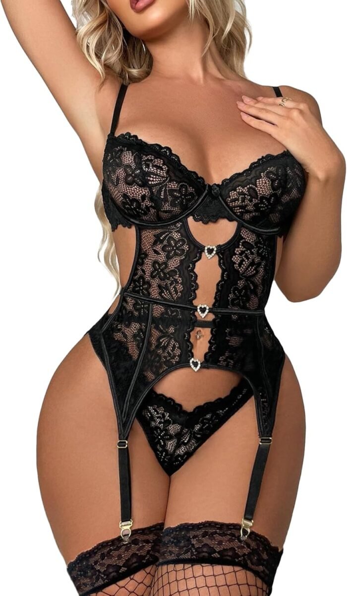 Avidlove Sexy Garter Lingerie Set for Women Lace Bodysuit Cut Out Rhinestone Underwire Teddy with Panty (No Stockings)