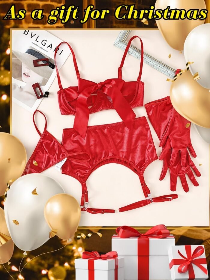 Kaei&Shi Bow Lingerie For Women,Unwrap Me Present Sexy Birthday Lingeries,4 Pcs Garter Belt Set Christmas Holiday Valentines - Image 5