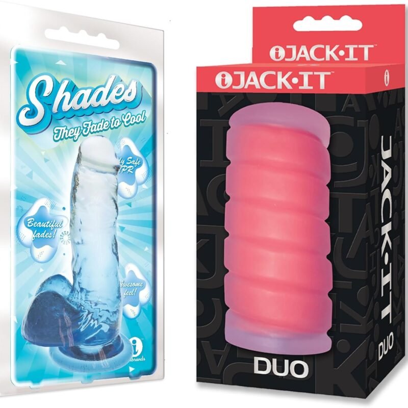 Sex Toy Couples kit of Shades, Medium Jelly TPR, Gradient Dong, Blue and Icon Brands Jack-It Duo, Cherry