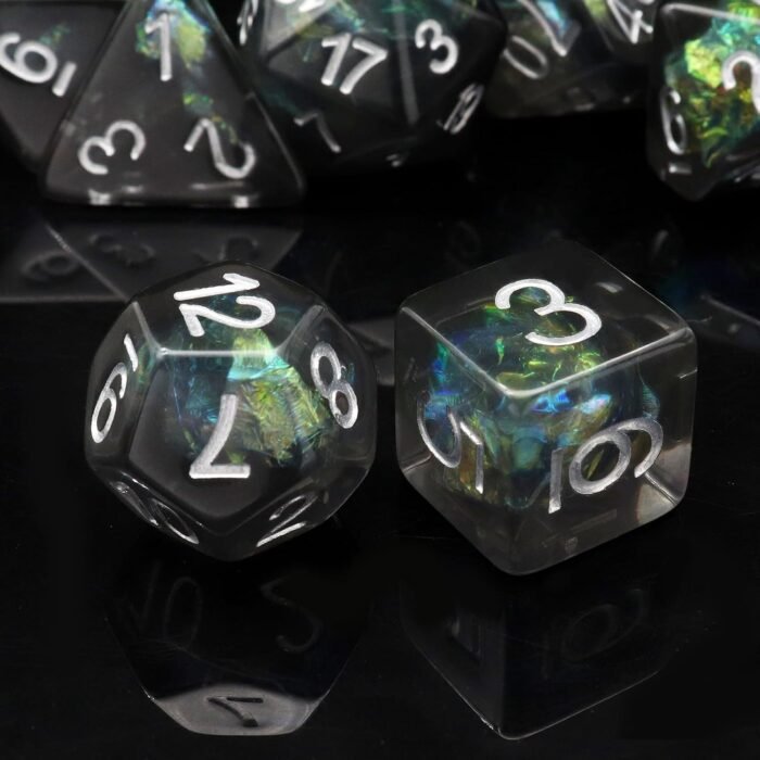 Haxtec DND Dice Set 7PCS Resin Dice Set Black with Iridescent Mylar Inclusion Polyhedral D&D Dice for Roleplaying Dice Games as Dungeons and Dragons - Image 6
