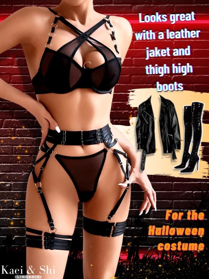 Kaei&Shi Criss Cross, Exotic Strappy, Thong Leg straps, 4 PC Garter Lingerie Set - Image 3