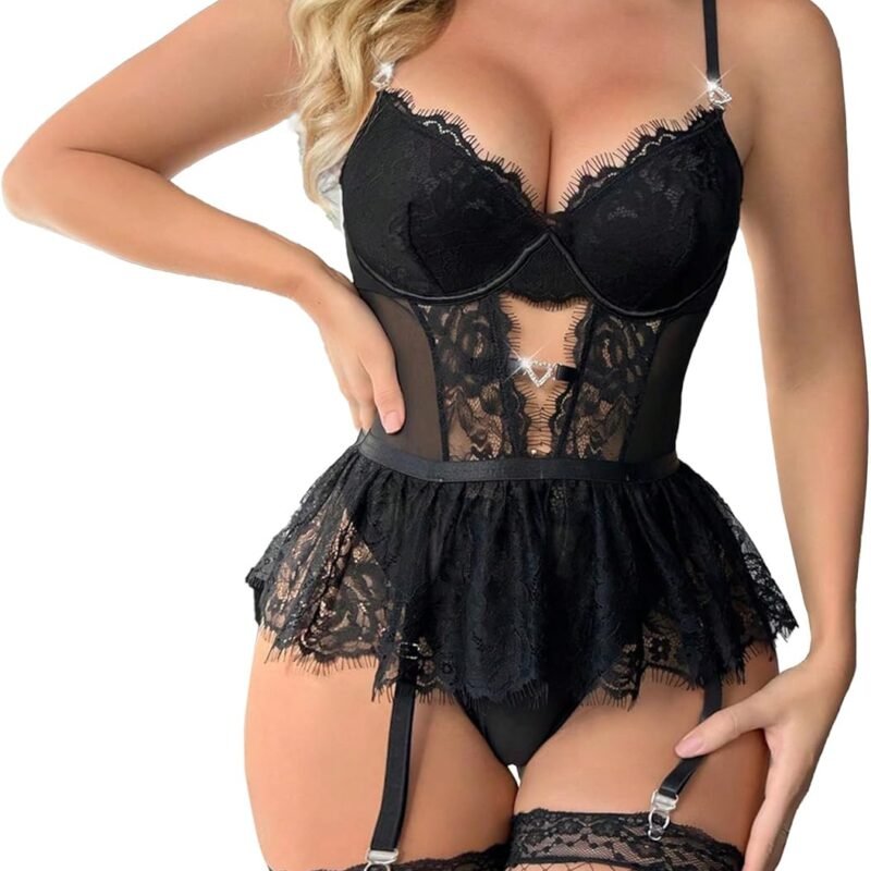 Women Lingerie Set Naughty Lace Bodysuit High Waisted Underwire Lingerie Babydoll With Garter Belt and Stockings