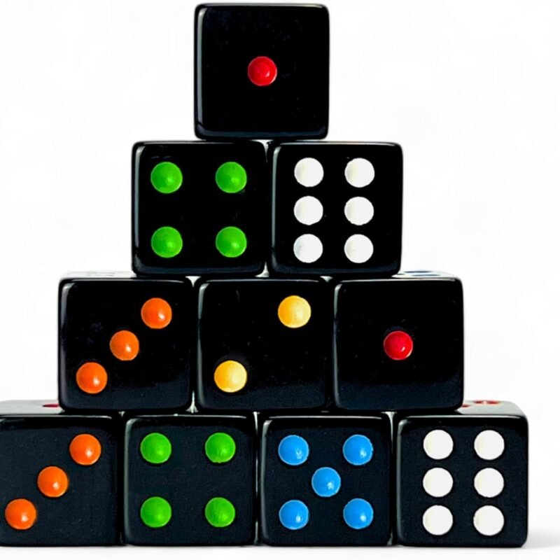 Luck Lab 10 Piece D6 Multicolor Pip Dice Pack - Acrylic 16mm Square Edge Standard Dice for RPG MTG DND Table Games and Board Games, Storage Bag Included (Black Multicolor)